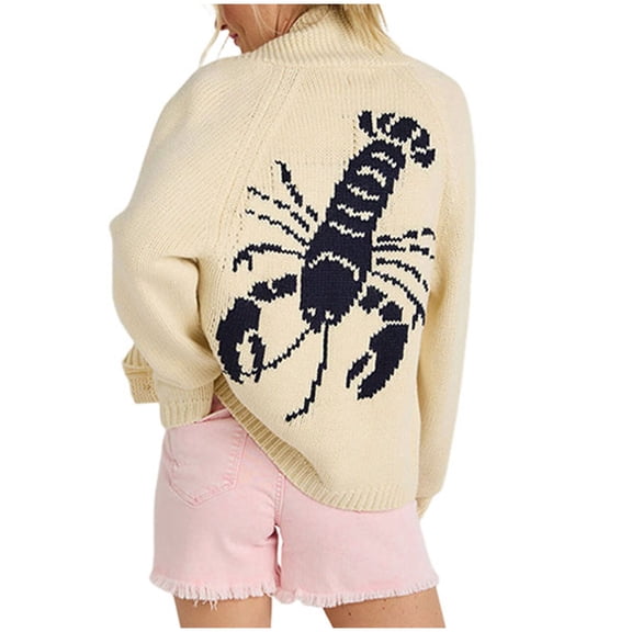 larppty Women Lobster Knit Sweaters Cardigan Long Sleeve Button Down Chunky Knit Y2k Graphic Fall Winter Sweater Coat (Beige, M)