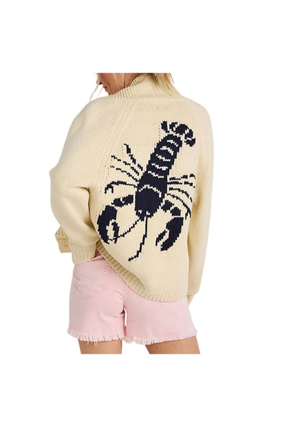 Women Lobster Knit Sweaters Cardigan Long Sleeve Button Down Chunky Knit Y2k Graphic Fall Winter Sweater Coat (Beige, S)