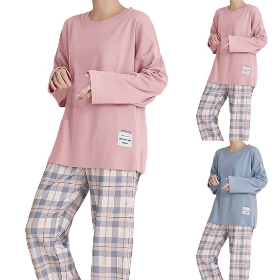 larppty Women Loungewear Suit Solid Color Pullover Nightshirt Plaid Pants Two Piece Sleepwear Home Casual Loose Pajamas Sets（Pink，L）