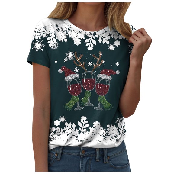 larppty Women Merry Christmas Shirt Goblet Printed Holiday T-Shirt Christmas Xmas Shirt (Dark Green, XL)