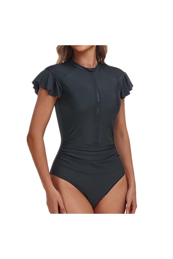 Women Modest One Piece Bathing Suit Short Sleeve Tummy Control Swimsuit Zipper Athletic Rash Guard Swimwear (Black, L)