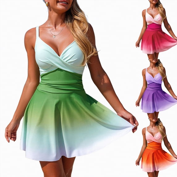 larppty Women One Piece Swimdress V Neck Color Block Swimsuit Bathing Suit Tummy Control Wrap Ruffle Swim Dress Swimwear (Orange, S)