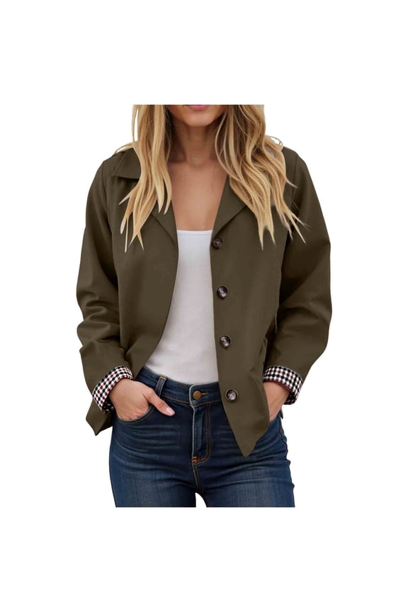 Women Oversize Trench Coat Plaid Lining Lapel Button Down Casual Crop Jacket Outwear with Pockets (AG, XL)