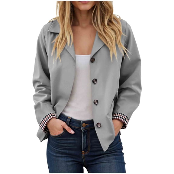 larppty Women Oversize Trench Coat Plaid Lining Lapel Button Down Casual Crop Jacket Outwear with Pockets (Grey, M)