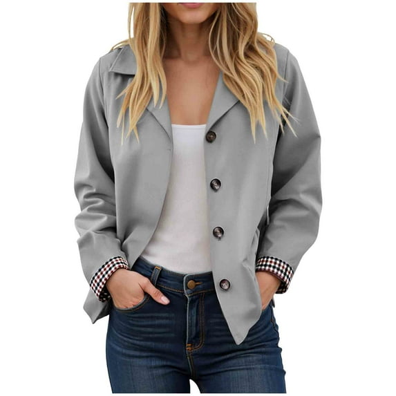 larppty Women Oversize Trench Coat Plaid Lining Lapel Button Down Casual Crop Jacket Outwear with Pockets (Grey, M)