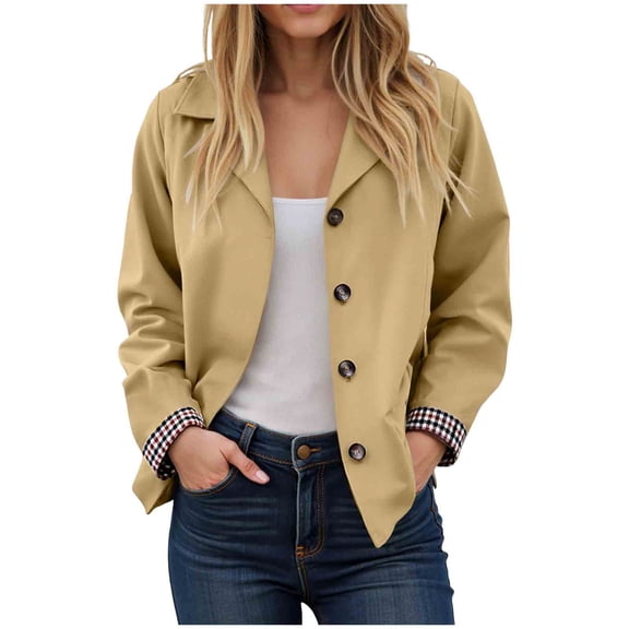 larppty Women Oversize Trench Coat Plaid Lining Lapel Button Down Casual Crop Jacket Outwear with Pockets (Khaki, M)