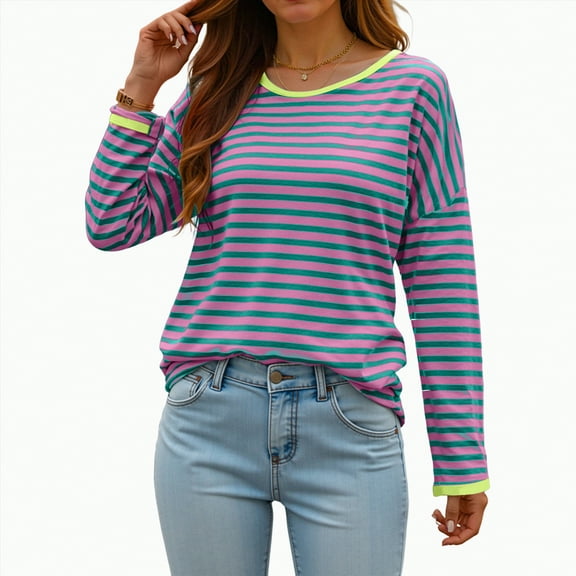 larppty Women Oversized Striped Long Sleeve Shirt Crewneck Cropped Tops Drop Shoulder Y2K Sweatshirt Fall Clothes (Green, M)