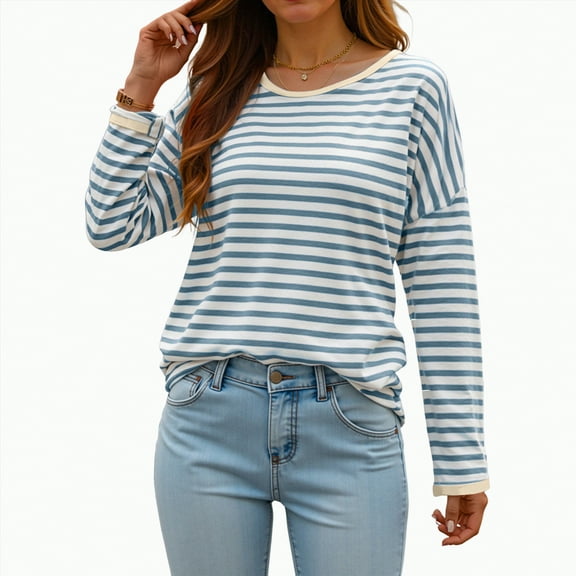larppty Women Oversized Striped Long Sleeve Shirt Crewneck Cropped Tops Drop Shoulder Y2K Sweatshirt Fall Clothes (Light Blue, M)