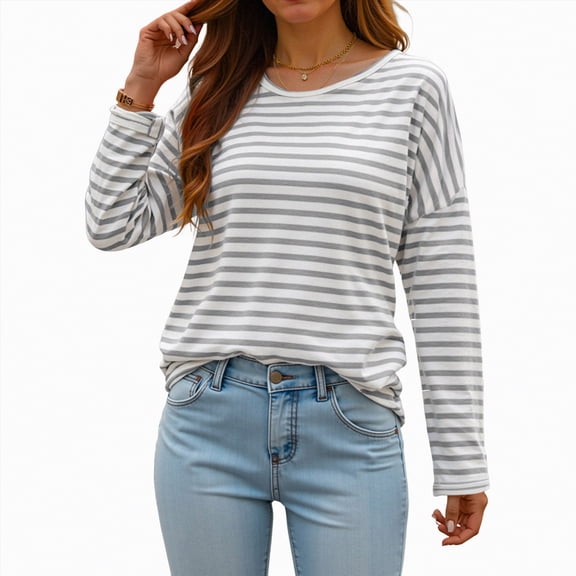 larppty Women Oversized Striped Long Sleeve Shirt Crewneck Cropped Tops Drop Shoulder Y2K Sweatshirt Fall Clothes (Light Gray, 3XL)