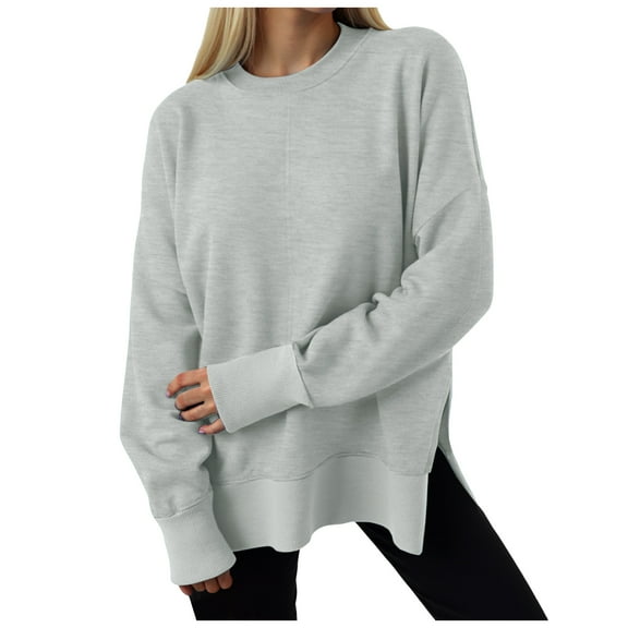 larppty Women Oversized Sweatshirts Thumbhole Long Sleeve Hoodies Shirts 2025 Fall Side Slit Pullover Top Y2k Outfits (Grey, L)