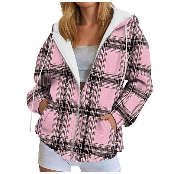 larppty Women Plaid Hooded Drawstring Fall Jackets Long Sleeve Zipper Loose Shirts Tops Trendy Fashion Clothing (Pink, 5XL)
