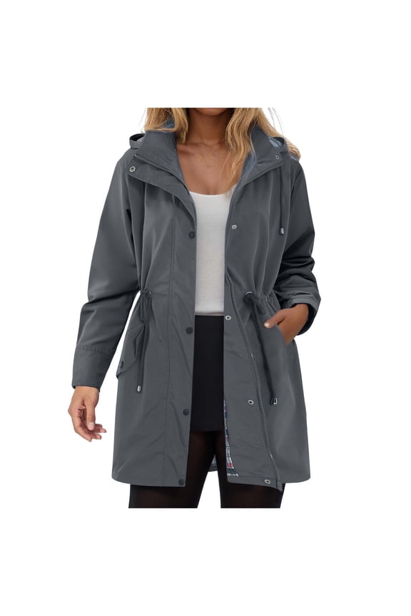Women Rain Jacket Lightweight Waterproof Raincoat Outdoor Hooded Windbreaker Trench Coat (Grey, XL)