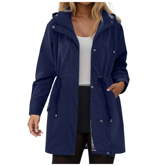 larppty Women Rain Jacket Lightweight Waterproof Raincoat Outdoor Hooded Windbreaker Trench Coat (Navy, XXL)