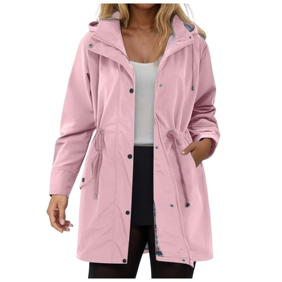 larppty Women Rain Jacket Lightweight Waterproof Raincoat Outdoor Hooded Windbreaker Trench Coat (Pink, XL)