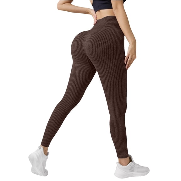 larppty Women Ribbed Knit Sports Yoga Leggings, Seamless High Waist Tummy Control Skinny Pants Scrunch Butt Lift Workout Pants（Brown，M）