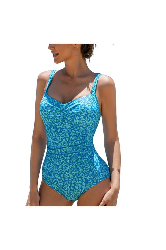 Women Ruched Slimming One Piece Swimsuits Tummy Control Vintage Bathing Suits (Sky Blue, L)