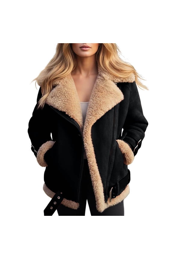 Women Sherpa Lined Coat Lapel Zip Up Winter Thicked Outwear Oversized Faux Suede Fleece Shearling Jacket (Black, XL)