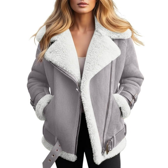 larppty Women Sherpa Lined Coat Lapel Zip Up Winter Thicked Outwear Oversized Faux Suede Fleece Shearling Jacket (Grey, M)