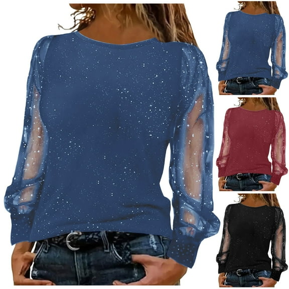 larppty Women Shiny Sequin Shirts Glitter Sexy Off Shoulder Long Sleeve Tees Tunic Tops Cold Party Black Bling Bling Blouse Blue, M