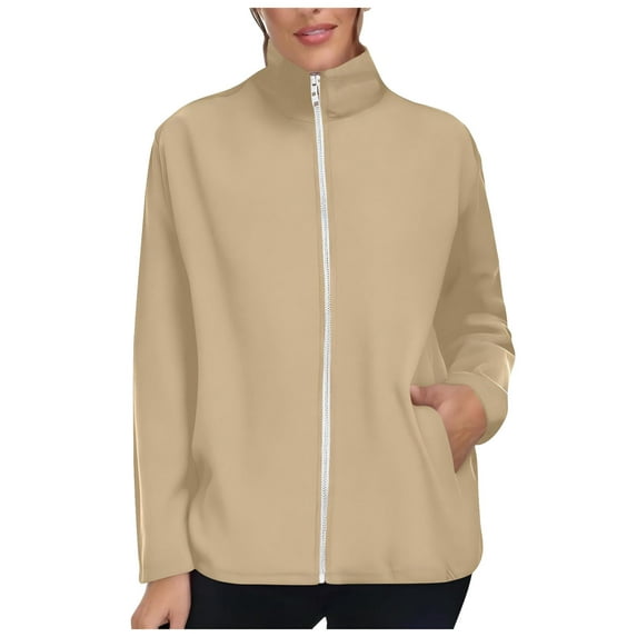 larppty Women Solid Color Full Zip Up Stand Collar Sweatshirt Jacket Cozy Fall Fleece Coat with Pockets Workout Outerwear (Khaki, XL)