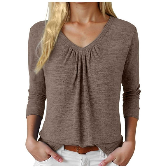 larppty Women Tops Long Sleeve Shirts V Neck Loose Fit Soft Casual Solid Color T-Shirts Fall Clothing (Brown, XXL)