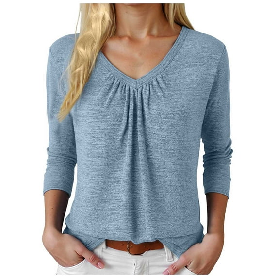larppty Women Tops Long Sleeve Shirts V Neck Loose Fit Soft Casual Solid Color T-Shirts Fall Clothing (Light Blue, M)