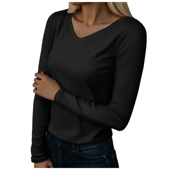 larppty Women V Neck Ribbed Long Sleeve Shirt Fitted Basic Slim Fitted Knit Top (Black, L)