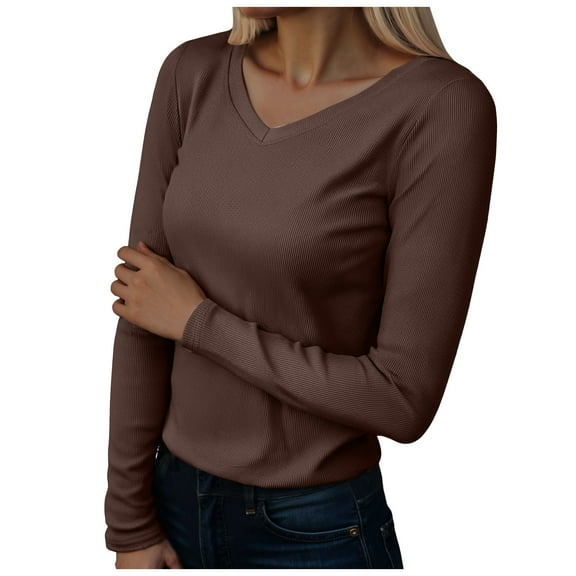 larppty Women V Neck Ribbed Long Sleeve Shirt Fitted Basic Slim Fitted Knit Top (Brown, XL)