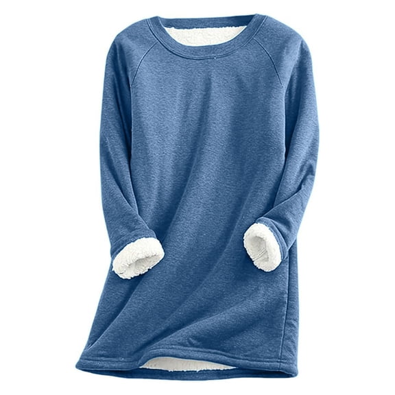 larppty Women Warm Sherpa Lined Fleece Crewneck Sweatshirt Pullover Loungewear for Winter (Blue, XL)