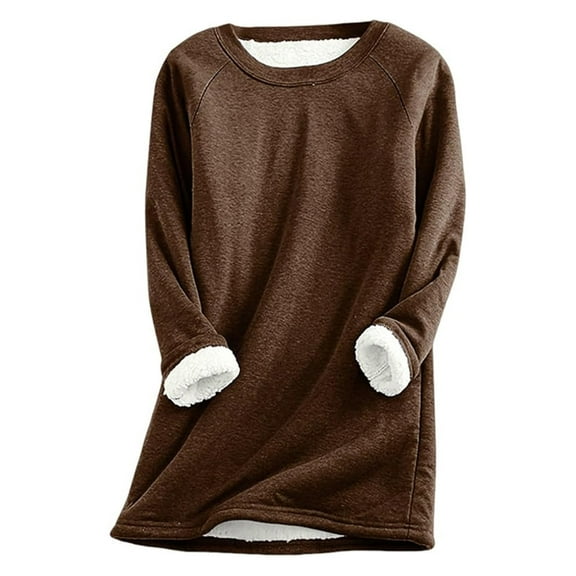 larppty Women Warm Sherpa Lined Fleece Crewneck Sweatshirt Pullover Loungewear for Winter (Coffee, XL)
