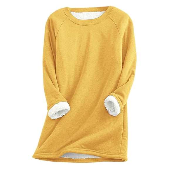 larppty Women Warm Sherpa Lined Fleece Crewneck Sweatshirt Pullover Loungewear for Winter (Yellow, XL)