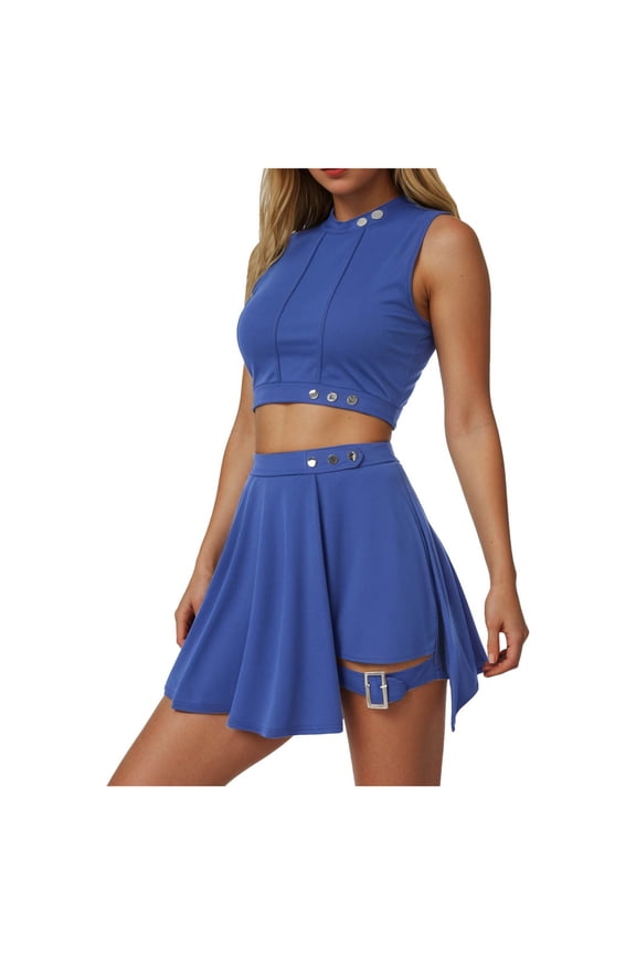Women's 2 Piece Crop Top & Skirt Set Bold Asymmetrical Mini Dress for Festival Party Wear(Blue, M)