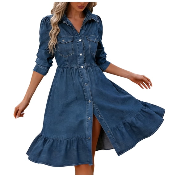 larppty Women's 2026 Vacation Flowy Denim Dress Puff Sleeve Button Down A-Line Ruffled Hem Midi Shirt Dress(Blue, L)