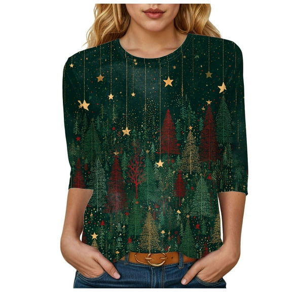 larppty Women's 3/4 Length Sleeve Crew Neck Shirts Fall Xmas Graphic Tees Loose Casual T-Shirt (Dark Green, M)