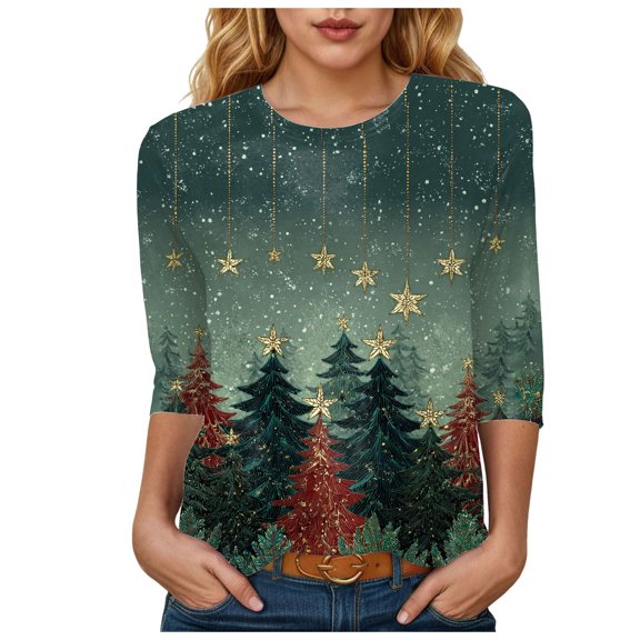 larppty Women's 3/4 Length Sleeve Crew Neck Shirts Fall Xmas Graphic Tees Loose Casual T-Shirt (Light Green, XL)