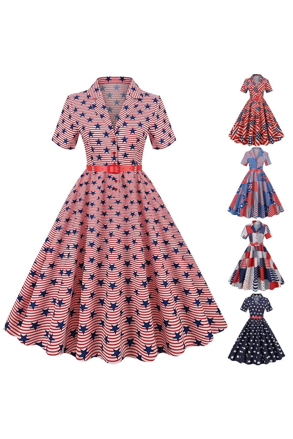 larppty Women's 4th of July Vintage Pinup Dress - Patchwork Collared Short Sleeve A-Line Midi Cocktail Party Dress(Watermelon Red,L)