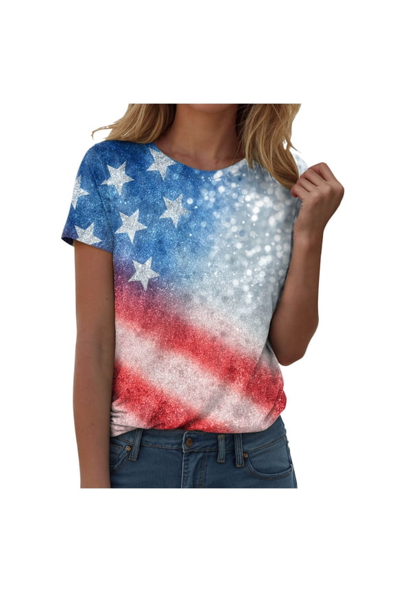 Women's American Flag T-Shirt with Glitter Stars Watercolor Design Patriotic All-Over Print Short Sleeve Top for July 4th, Independence Day, Beach（Sky Blue， M）
