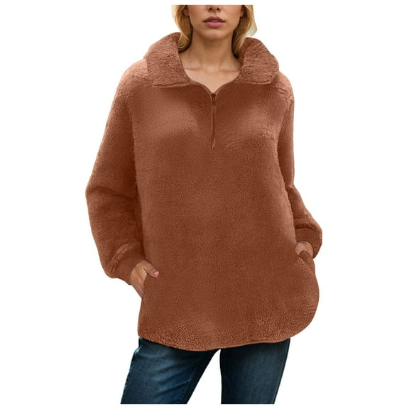 larppty Women's Autumn Winter Casual Fashion Plush Ladies Sweatshirt - Half Zipper Pullover, Cozy Warm Fleece Sweatshirt for Women（Coffee，M）