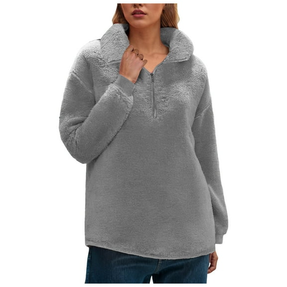 larppty Women's Autumn Winter Casual Fashion Plush Ladies Sweatshirt - Half Zipper Pullover, Cozy Warm Fleece Sweatshirt for Women（Grey，L）