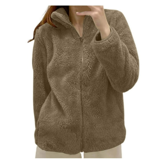larppty Women's Autumn Winter Casual Solid Color Long Plush Polar Fleece Jacket - Warm Zipper Coat with Pockets（Coffee，XL）