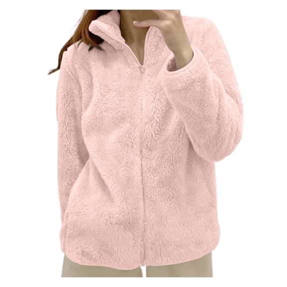 larppty Women's Autumn Winter Casual Solid Color Long Plush Polar Fleece Jacket - Warm Zipper Coat with Pockets（Pink，XL）