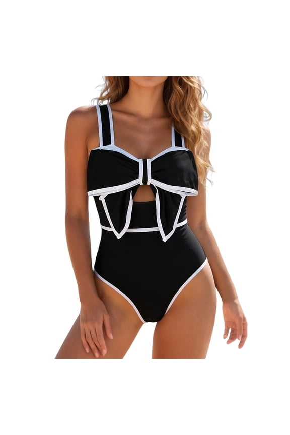 Women's Black White Vintage One Piece Swimsuit Bow Cut-Out Monokini with Wide Straps（Black， L）