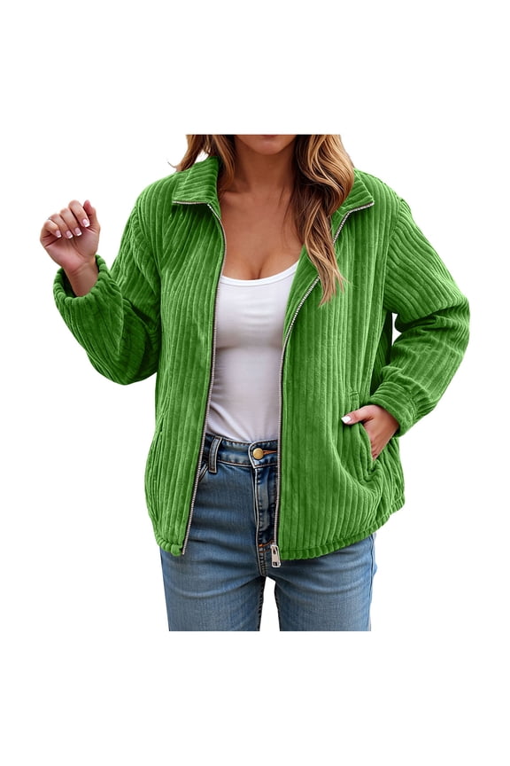 Women's Bomber Jacket Corduroy Ribbed Zip Up Long Sleeve Winter Coat Fall Outerwear with Pockets (Green, L)
