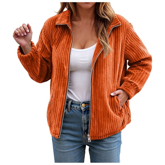 larppty Women's Bomber Jacket Corduroy Ribbed Zip Up Long Sleeve Winter Coat Fall Outerwear with Pockets (Orange, 4XL)