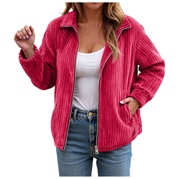 larppty Women's Bomber Jacket Corduroy Ribbed Zip Up Long Sleeve Winter Coat Fall Outerwear with Pockets (Red, 3XL)