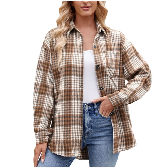 larppty Women's Casual Cotton Plaid Shirts Long Sleeve Button-Down Flannel Overshirt Jacket (Khaki, XL)