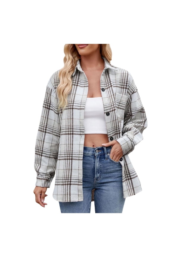 Women's Casual Cotton Plaid Shirts Long Sleeve Button-Down Flannel Overshirt Jacket (White, XXL)