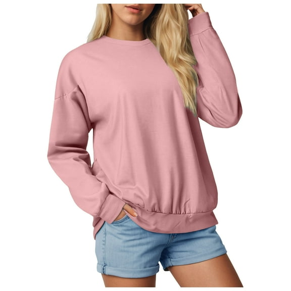 larppty Women's Casual Crew Neck Sweatshirt Loose Soft Long Sleeve Pullover Tops with Pocket (Pink, S)