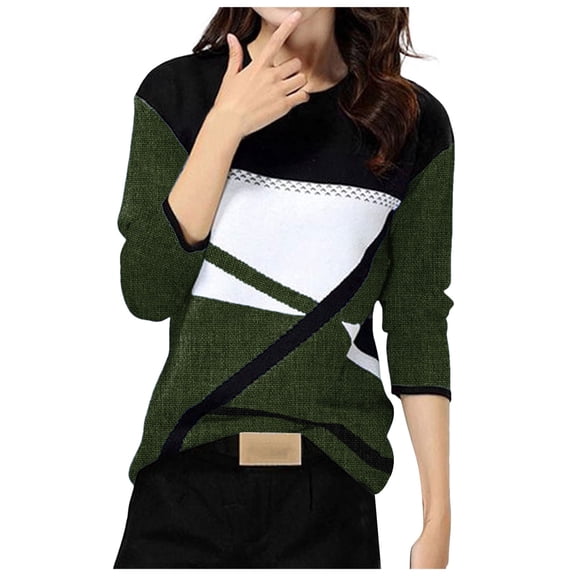 larppty Women's Casual Fall Color Block Print Long Sleeve Sweatshirts Geometry Pullover Tops Crewneck Blouse Top (AG, XL)