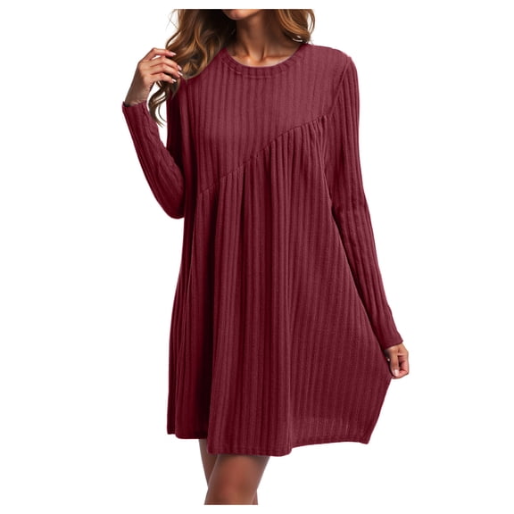 larppty Women's Casual Knit Sweater Dress - Long Sleeve Crew Neck Swing Tunic Dress for Fall Winter, Loose Fit Ribbed Knit Midi Dress for Daily Wear, Office, Lounge（Wine，XXL）